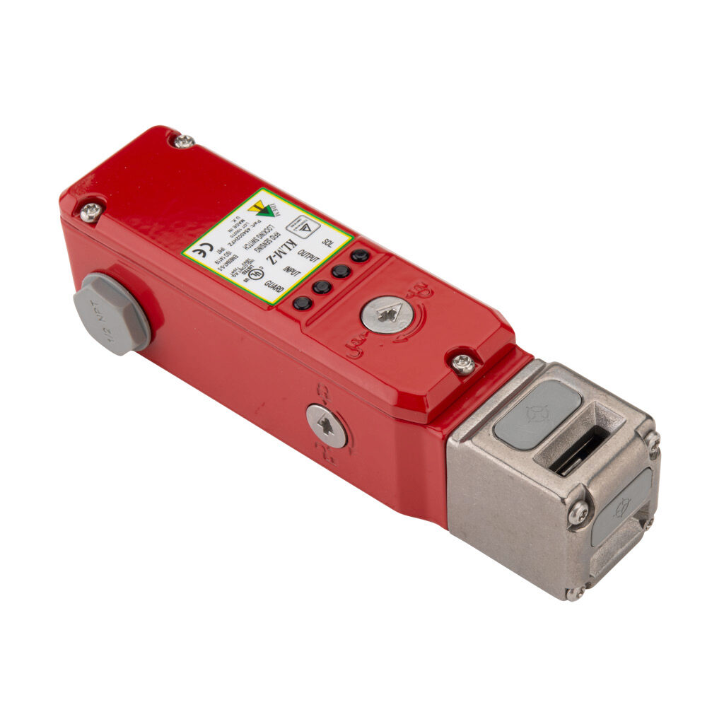 KLM-Z-454002HFZ - IDEM safety switch, flexible tongue (key) interlock uniquely coded RFID, solenoid, 24 VDC to unlock, 90-degree adjustable head, 3000N holding force, (1) pair OSSD safety output(s), (2) status monitoring output(s), die-cast alumin...