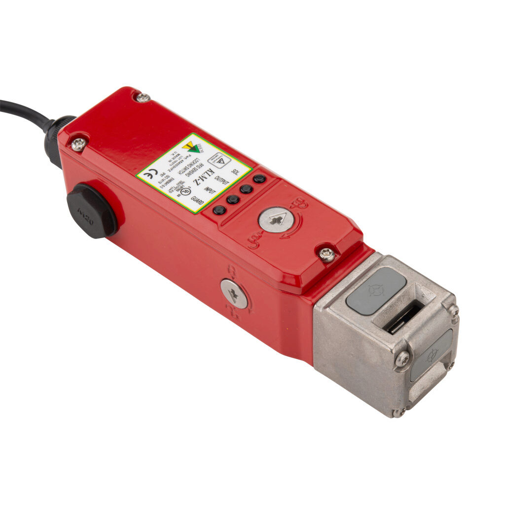 KLM-Z-454003HFZ - IDEM safety switch, flexible tongue (key) interlock uniquely coded RFID, solenoid, 24 VDC to unlock, 90-degree adjustable head, 3000N holding force, (1) pair OSSD safety output(s), (2) status monitoring output(s), die-cast alumin...