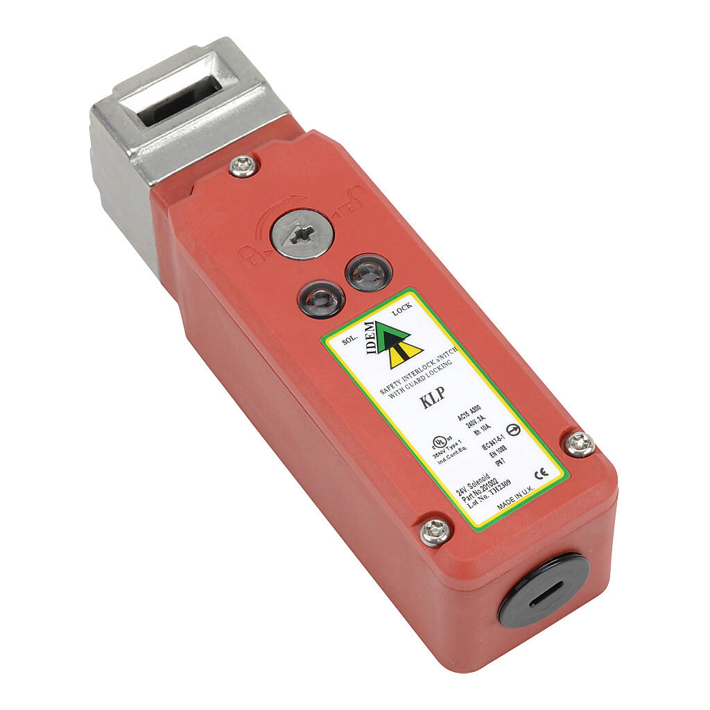 KLP-201002 - IDEM safety switch, tongue (key) interlock, solenoid, 24 VAC/VDC to unlock, 90-degree adjustable head, 1800N holding force, (2) N.C. safety output(s), (1) N.O. monitoring output(s), plastic body, (1) 1/2in NPT cable entry.