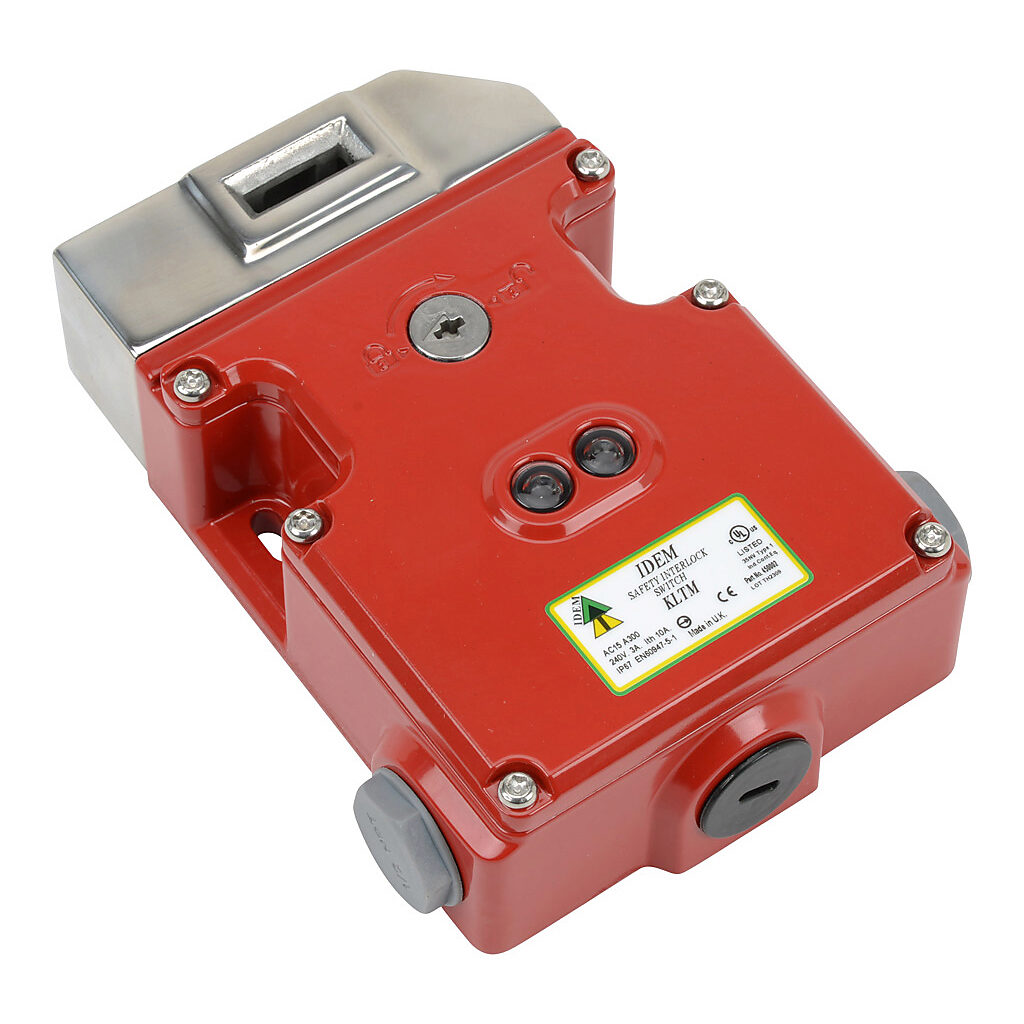 KLTM-450002 - IDEM safety switch, tongue (key) interlock, solenoid, 24 VAC/VDC to unlock, 180-degree adjustable head, 2000N holding force, (4) N.C. safety output(s), (1) N.O. monitoring output(s), die-cast aluminum body, (3) 1/2in NPT cable entries.