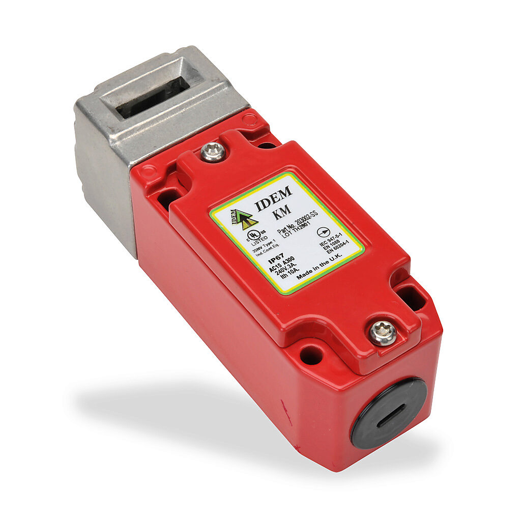 KM-203002-SS - IDEM safety switch, tongue (key) interlock, 90-degree adjustable head, (2) N.C. safety output(s), (1) N.O. monitoring output(s), 40 x 118 x 41mm, die-cast aluminum body, 316 stainless steel head.