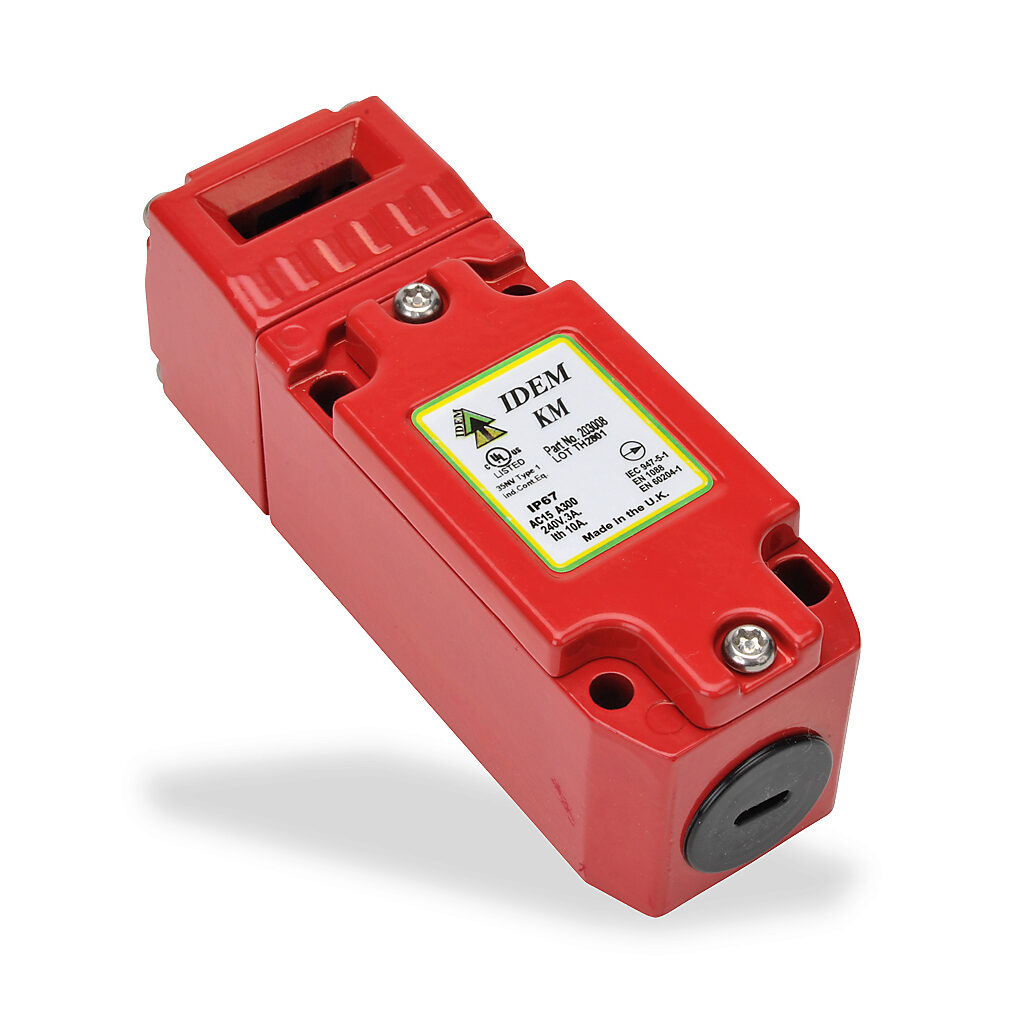 KM-203008 - IDEM safety switch, tongue (key) interlock, 90-degree adjustable head, (3) N.C. safety output(s), (1) N.O. monitoring output(s), 40 x 118 x 41mm, die-cast aluminum body, die-cast aluminum head.
