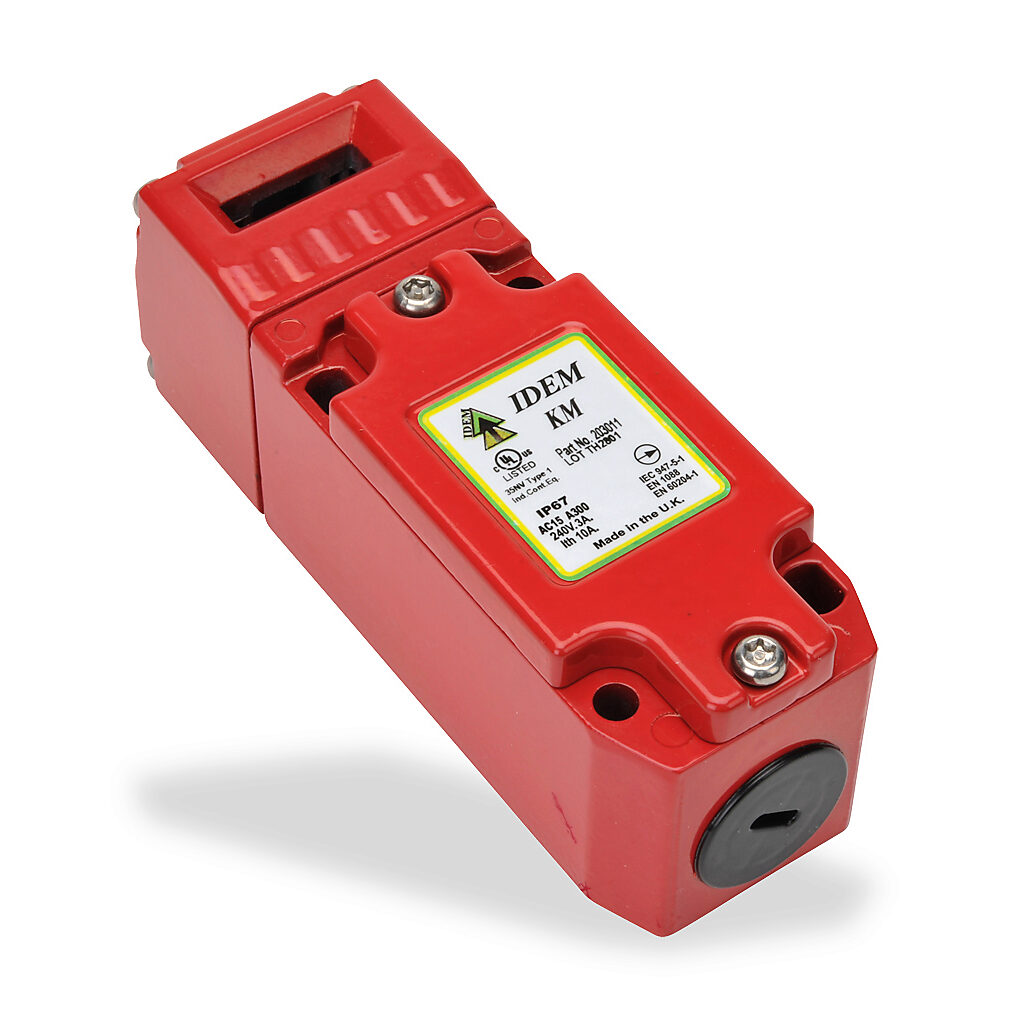 KM-203011 - IDEM safety switch, tongue (key) interlock, 90-degree adjustable head, (2) N.C. safety output(s), (2) N.O. monitoring output(s), 40 x 118 x 41mm, die-cast aluminum body, die-cast aluminum head.