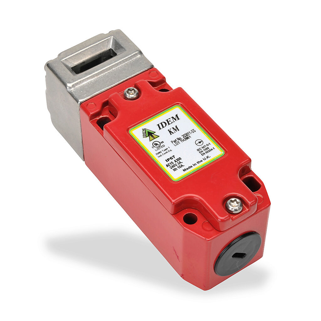 KM-203011-SS - IDEM safety switch, tongue (key) interlock, 90-degree adjustable head, (2) N.C. safety output(s), (2) N.O. monitoring output(s), 40 x 118 x 41mm, die-cast aluminum body, 316 stainless steel head.