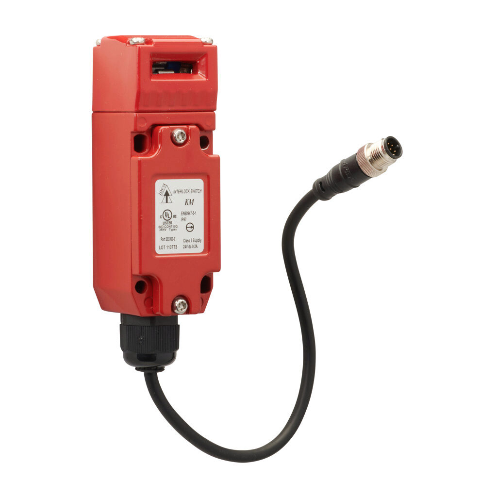 KM-203300-Z - IDEM Z-Range safety switch, tongue (key) interlock, 90-degree adjustable head, (1) pair OSSD safety output(s), (1) status monitoring output(s), (3) status LEDs, 40 x 118 x 41mm, die-cast aluminum body, die-cast aluminum head.