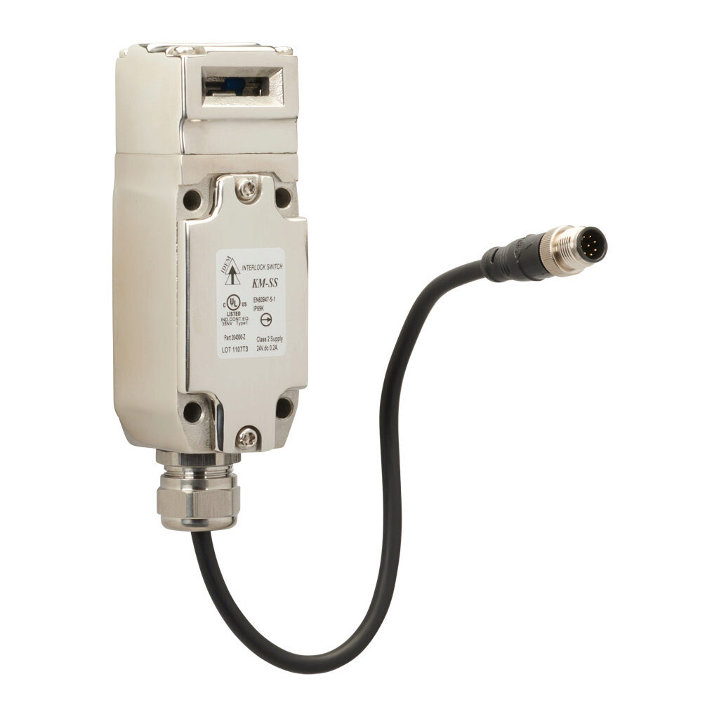 KM-SS-204300-Z - IDEM Z-Range safety switch, tongue (key) interlock, 90-degree adjustable head, (1) pair OSSD safety output(s), (1) status monitoring output(s), (3) status LEDs, 41 x 118 x 41mm, 316 stainless steel body, 316 stainless steel head.