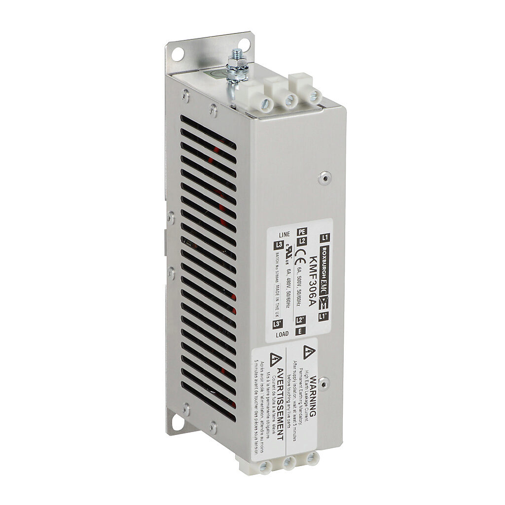 KMF306A - Roxburgh EMI input filter, 230/460 VAC, 3-phase, 6A, panel mount, EMI/RFI filtering, 2-stage, drive rated, high performance, screw terminals. For use with 3-phase AC drives.