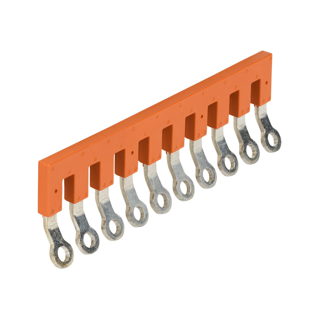 KN-10JRNG2P5 - Konnect-It terminal block jumper, ring-type type, 10-pole, orange, 24A, 600V. Package of 5. For use with KN-RNG2P5 series blocks.