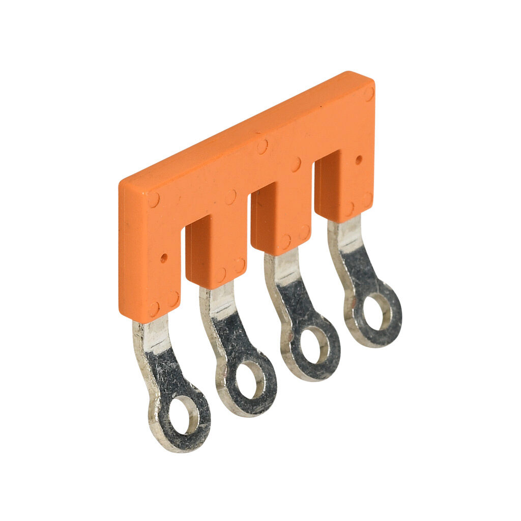 KN-4JRNG2P5 - Konnect-It terminal block jumper, ring-type type, 4-pole, orange, 24A, 600V. Package of 10. For use with KN-RNG2P5 series blocks.