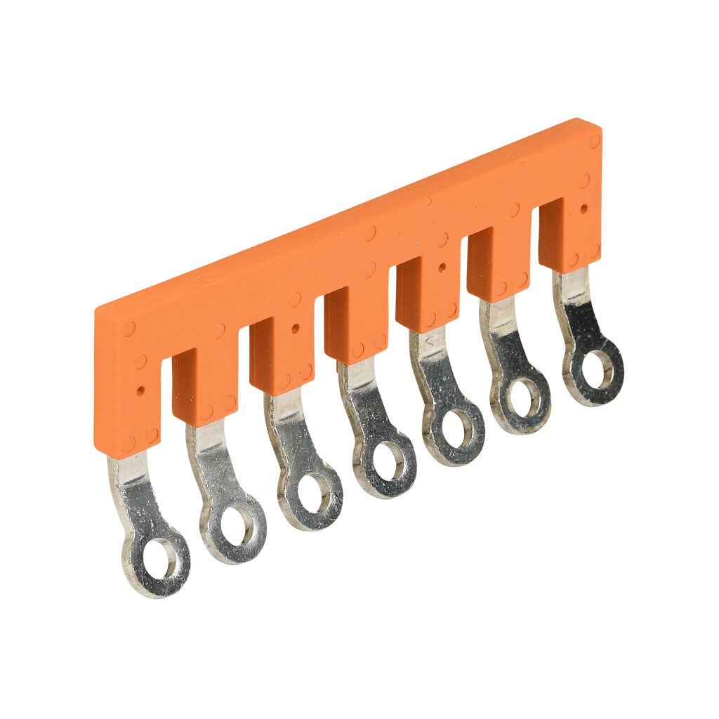 KN-7JRNG2P5 - Konnect-It terminal block jumper, ring-type type, 7-pole, orange, 24A, 600V. Package of 5. For use with KN-RNG2P5 series blocks.