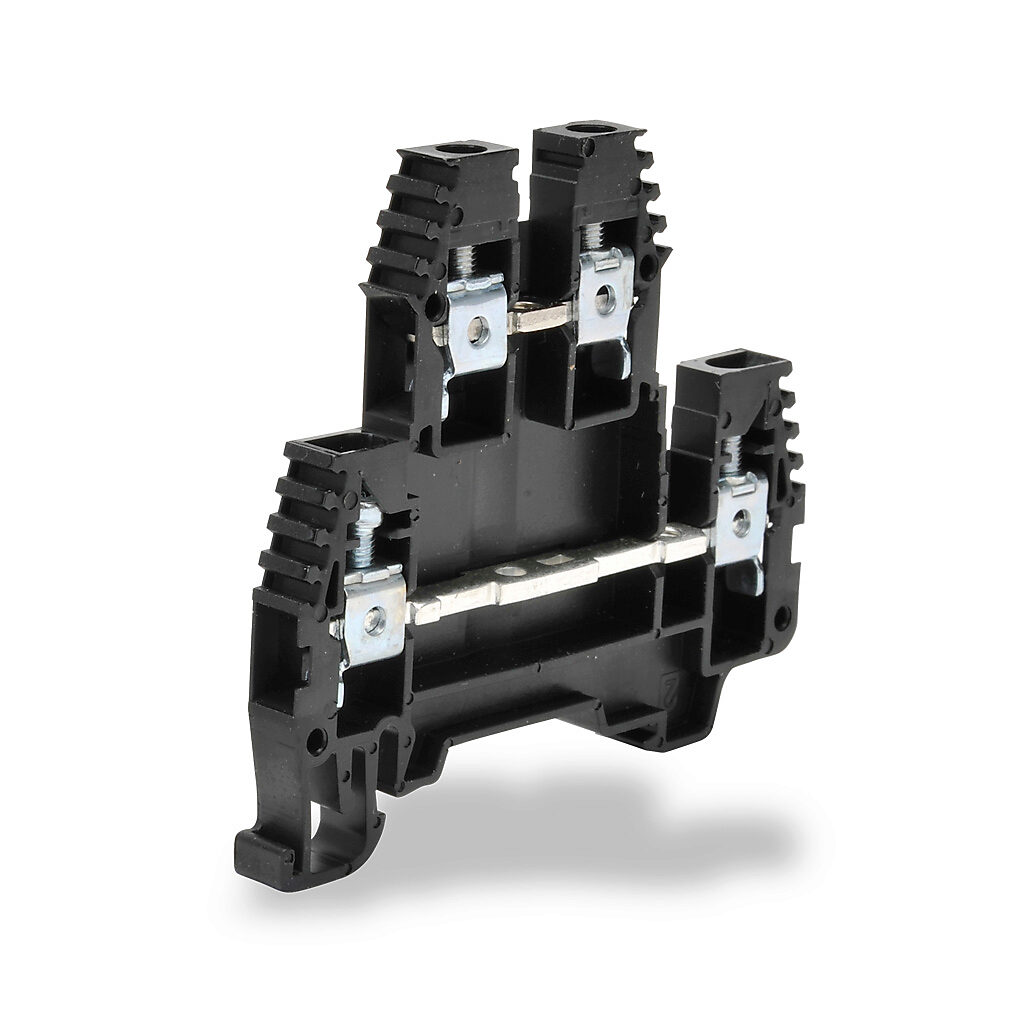 KN-D10BLK - Konnect-It screw double-level feedthrough terminal block, accepts wire size 26-10 AWG, black, 30A, 35mm DIN rail mount, 100kA SCCR. Package of 100. For use with jumpers KN-2J10, KN-3J10, KN-4J10 and KN-10J10.