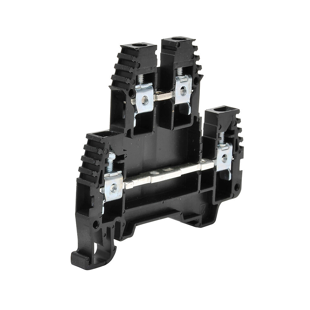 KN-D10BLK-25 - Konnect-It screw double-level feedthrough terminal block, accepts wire size 26-10 AWG, black, 30A, 35mm DIN rail mount, 100kA SCCR. Package of 25. For use with jumpers KN-2J10, KN-3J10, KN-4J10 and KN-10J10.