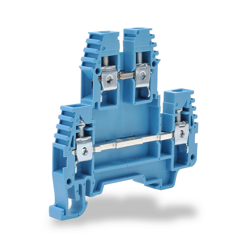 KN-D10BLU - Konnect-It screw double-level feedthrough terminal block, accepts wire size 26-10 AWG, blue, 30A, 35mm DIN rail mount, 100kA SCCR. Package of 100. For use with jumpers KN-2J10, KN-3J10, KN-4J10 and KN-10J10.
