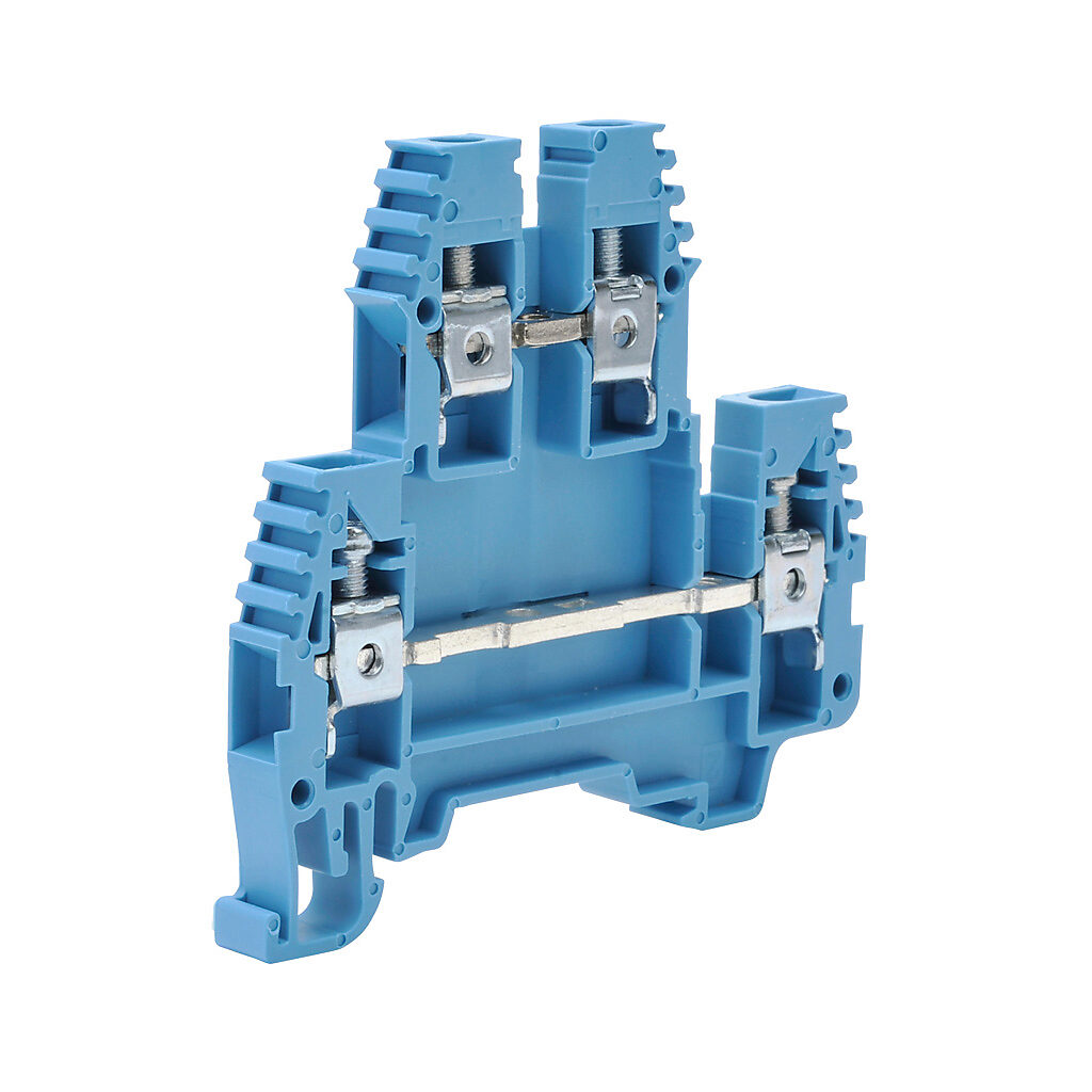 KN-D10BLU-25 - Konnect-It screw double-level feedthrough terminal block, accepts wire size 26-10 AWG, blue, 30A, 35mm DIN rail mount, 100kA SCCR. Package of 25. For use with jumpers KN-2J10, KN-3J10, KN-4J10 and KN-10J10.
