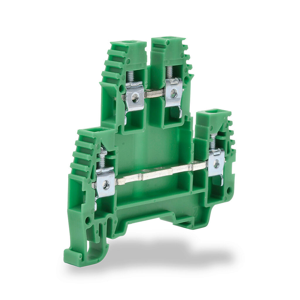 KN-D10GRN - Konnect-It screw double-level feedthrough terminal block, accepts wire size 26-10 AWG, green, 30A, 35mm DIN rail mount, 100kA SCCR. Package of 100. For use with jumpers KN-2J10, KN-3J10, KN-4J10 and KN-10J10.