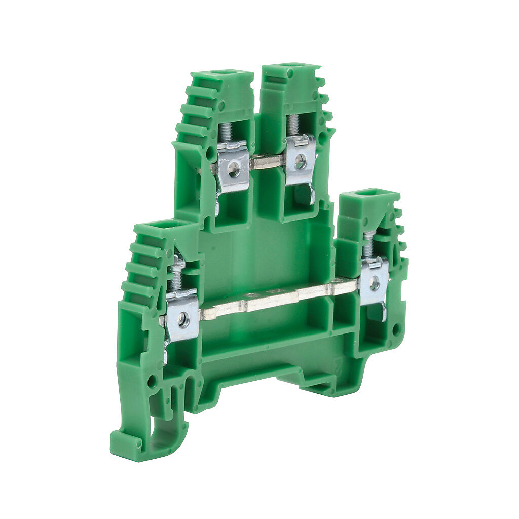 KN-D10GRN-25 - Konnect-It screw double-level feedthrough terminal block, accepts wire size 26-10 AWG, green, 30A, 35mm DIN rail mount, 100kA SCCR. Package of 25. For use with jumpers KN-2J10, KN-3J10, KN-4J10 and KN-10J10.