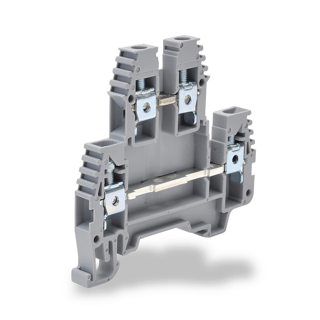 KN-D10GRY - Konnect-It screw double-level feedthrough terminal block, accepts wire size 26-10 AWG, gray, 30A, 35mm DIN rail mount, 100kA SCCR. Package of 100. For use with jumpers KN-2J10, KN-3J10, KN-4J10 and KN-10J10.
