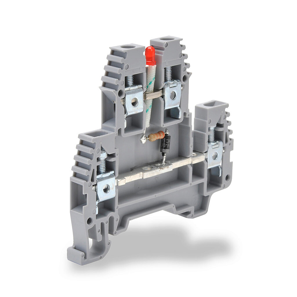 KN-D10LED-110AC - Konnect-It screw double-level feedthrough terminal block, connected between levels and power indicator, accepts wire size 26-10 AWG, gray, 30A, 110 VAC LED indicator(s), 35mm DIN rail mount, 100kA SCCR. Package of 20.