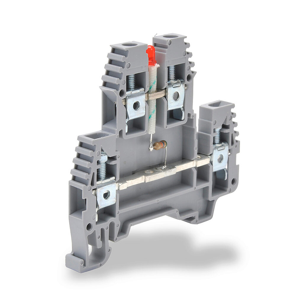 KN-D10LED-110DC - Konnect-It screw double-level feedthrough terminal block, connected between levels and power indicator, accepts wire size 26-10 AWG, gray, 30A, 110 VDC LED indicator(s), 35mm DIN rail mount, 100kA SCCR. Package of 20.