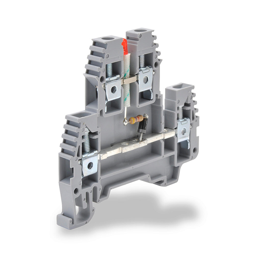 KN-D10LED-24AC - Konnect-It screw double-level feedthrough terminal block, connected between levels and power indicator, accepts wire size 26-10 AWG, gray, 30A, 24 VAC LED indicator(s), 35mm DIN rail mount, 100kA SCCR. Package of 20.