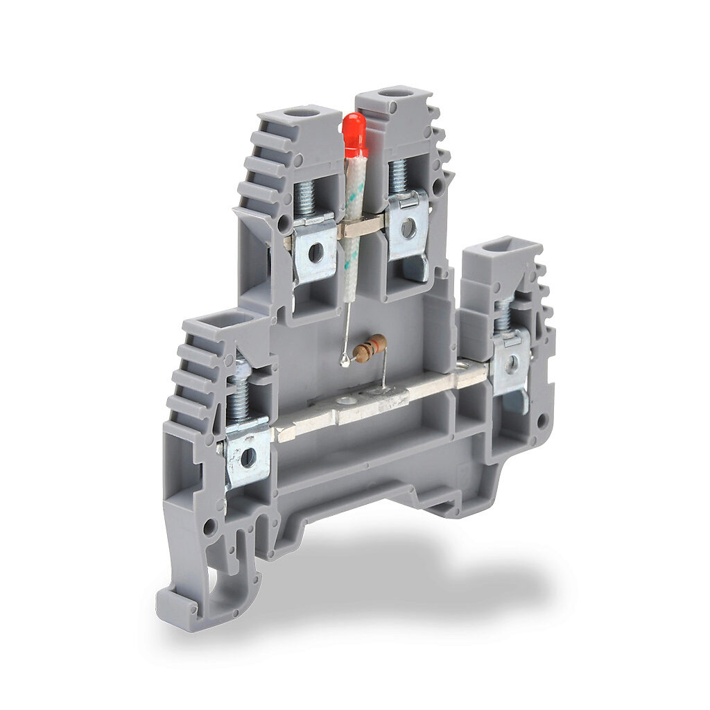 KN-D10LED-24DC - Konnect-It screw double-level feedthrough terminal block, connected between levels and power indicator, accepts wire size 26-10 AWG, gray, 30A, 24 VDC LED indicator(s), 35mm DIN rail mount, 100kA SCCR. Package of 20.