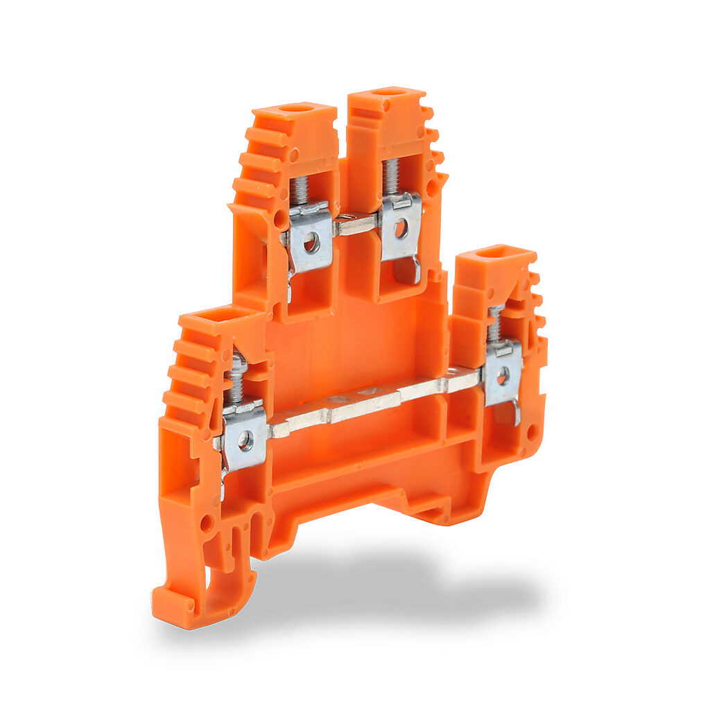 KN-D10ORG - Konnect-It screw double-level feedthrough terminal block, accepts wire size 26-10 AWG, orange, 30A, 35mm DIN rail mount, 100kA SCCR. Package of 100. For use with jumpers KN-2J10, KN-3J10, KN-4J10 and KN-10J10.