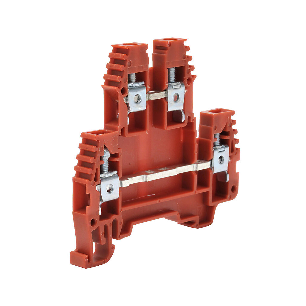 KN-D10RED-25 - Konnect-It screw double-level feedthrough terminal block, accepts wire size 26-10 AWG, red, 30A, 35mm DIN rail mount, 100kA SCCR. Package of 25. For use with jumpers KN-2J10, KN-3J10, KN-4J10 and KN-10J10.