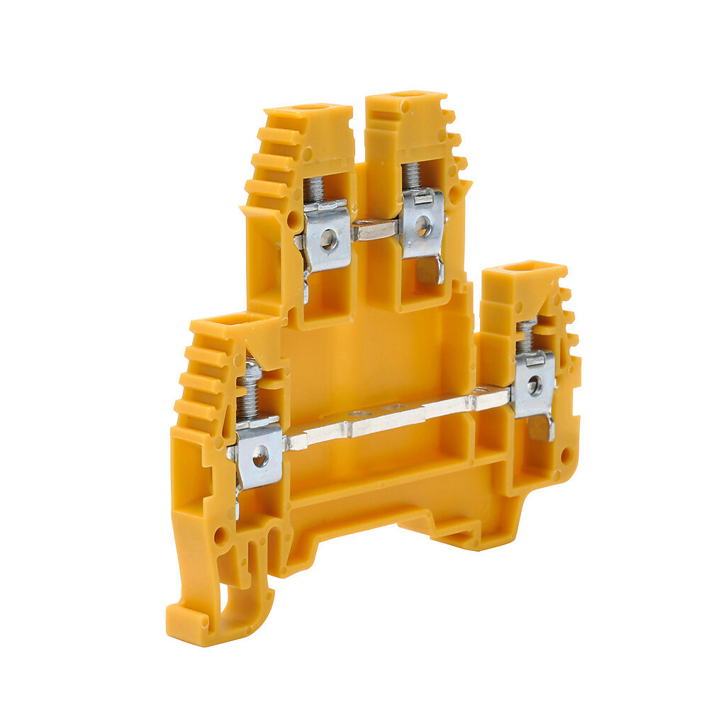 KN-D10YEL-25 - Konnect-It screw double-level feedthrough terminal block, accepts wire size 26-10 AWG, yellow, 30A, 35mm DIN rail mount, 100kA SCCR. Package of 25. For use with jumpers KN-2J10, KN-3J10, KN-4J10 and KN-10J10.