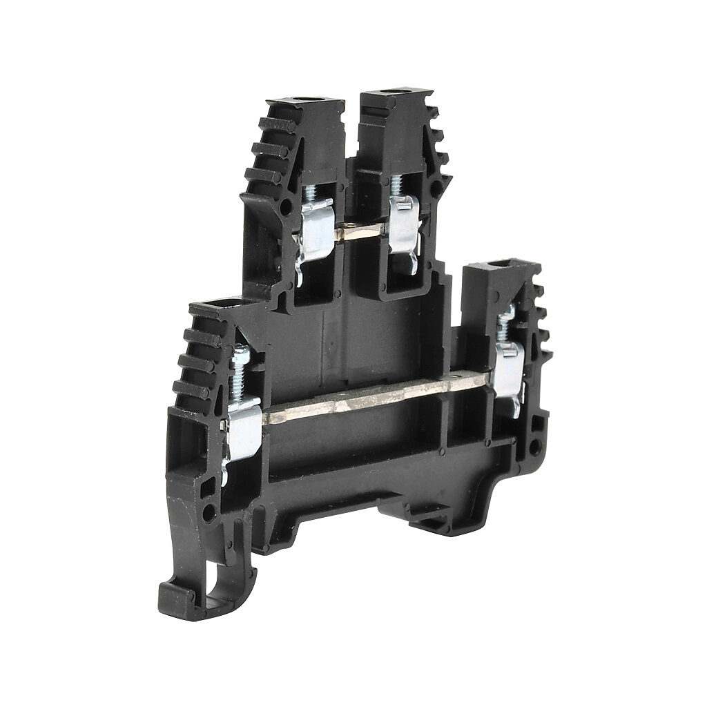 KN-D12BLK-25 - Konnect-It screw double-level feedthrough terminal block, accepts wire size 26-12 AWG, black, 20A, 35mm DIN rail mount, 100kA SCCR. Package of 25. For use with jumpers KN-2J12, KN-3J12, KN-4J12 and KN-10J12.