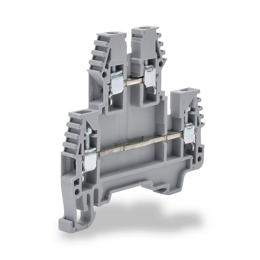KN-D12GRY - Konnect-It screw double-level feedthrough terminal block, accepts wire size 26-12 AWG, gray, 20A, 35mm DIN rail mount, 100kA SCCR. Package of 100. For use with jumpers KN-2J12, KN-3J12, KN-4J12 and KN-10J12.
