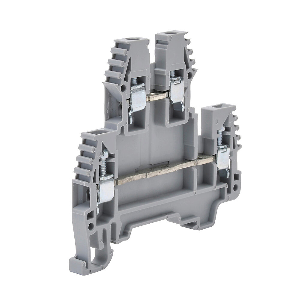 KN-D12GRY-25 - Konnect-It screw double-level feedthrough terminal block, accepts wire size 26-12 AWG, gray, 20A, 35mm DIN rail mount, 100kA SCCR. Package of 25. For use with jumpers KN-2J12, KN-3J12, KN-4J12 and KN-10J12.