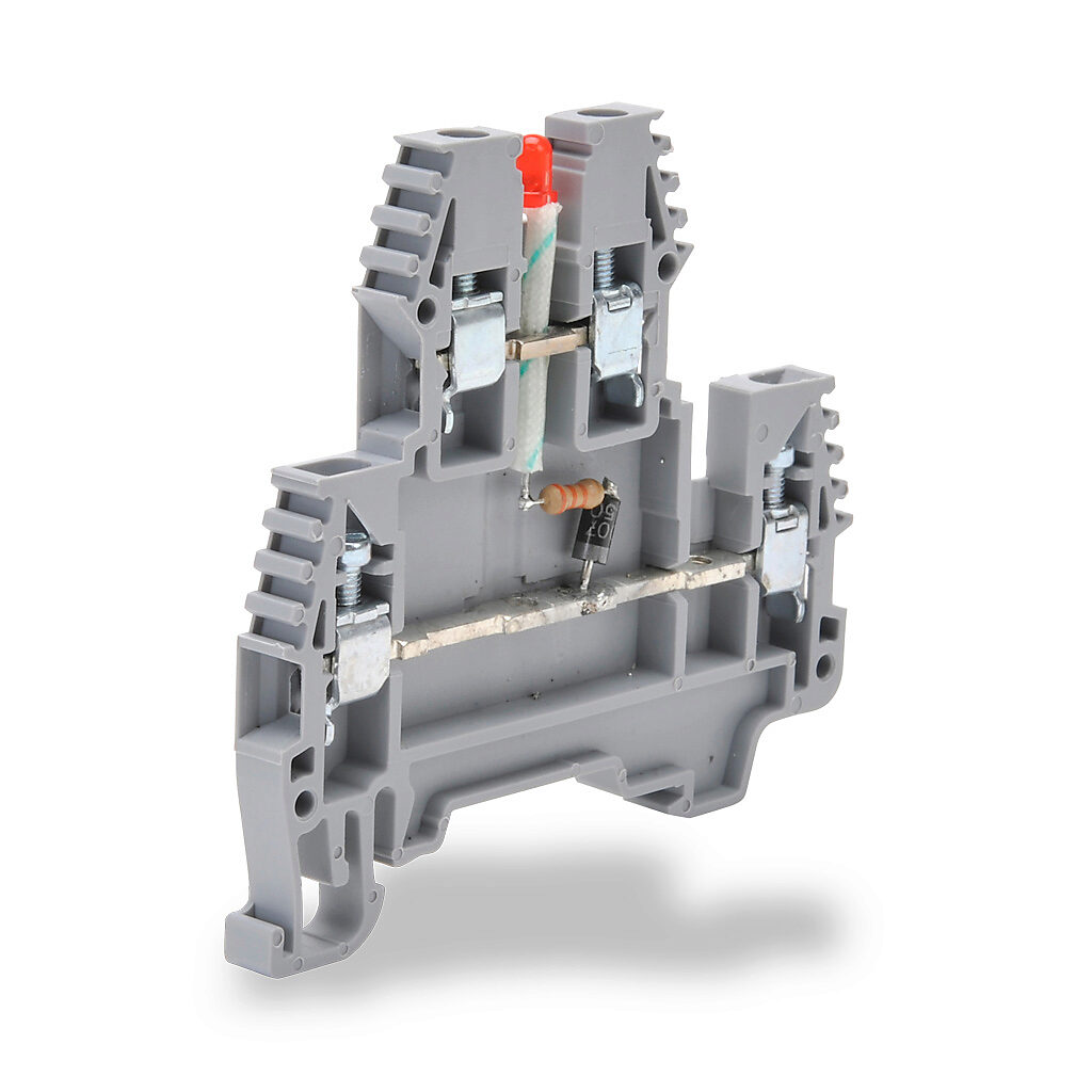 KN-D12LED-110AC - Konnect-It screw double-level feedthrough terminal block, connected between levels and power indicator, accepts wire size 26-12 AWG, gray, 20A, 110 VAC LED indicator(s), 35mm DIN rail mount, 100kA SCCR. Package of 20.