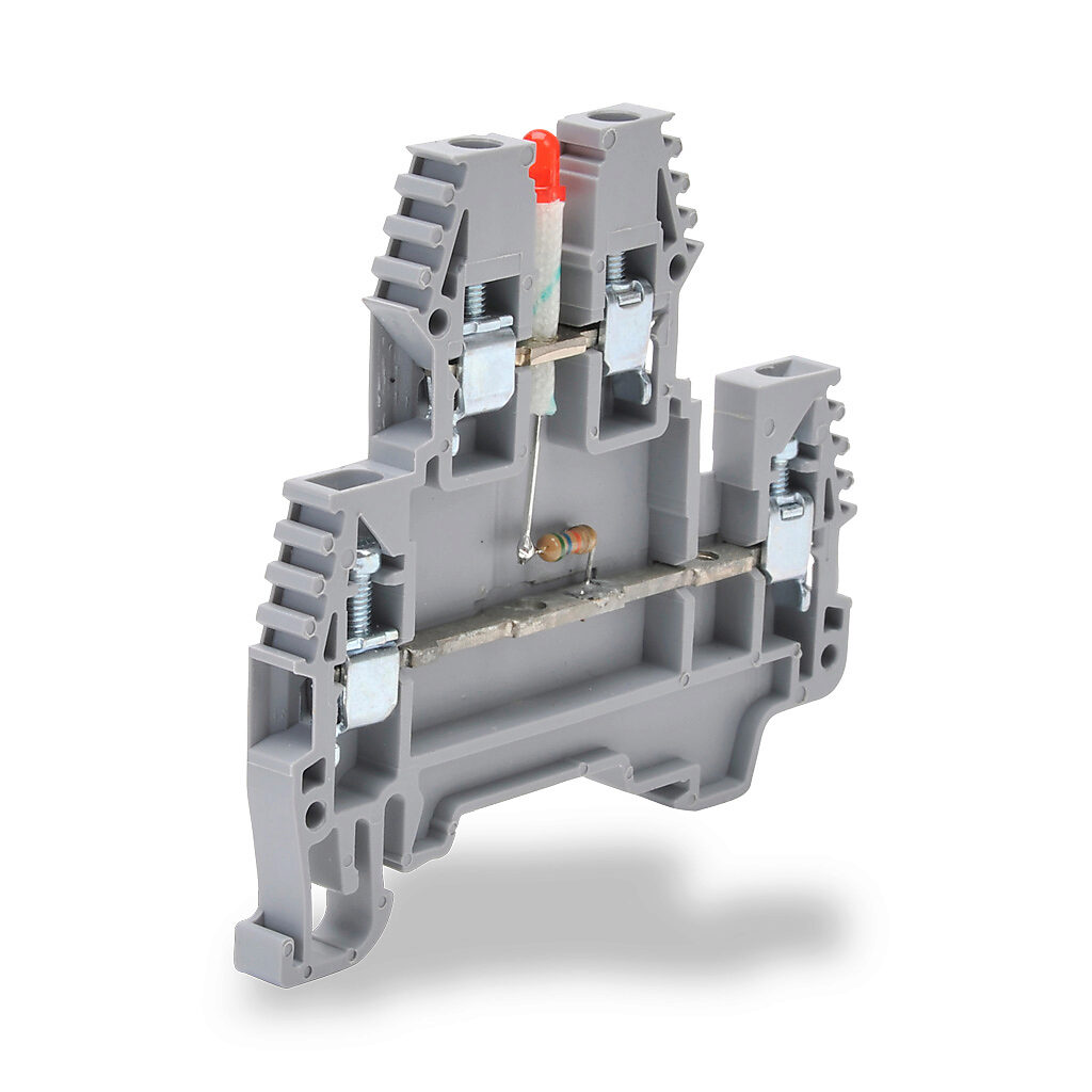 KN-D12LED-110DC - Konnect-It screw double-level feedthrough terminal block, connected between levels and power indicator, accepts wire size 26-12 AWG, gray, 20A, 110 VDC LED indicator(s), 35mm DIN rail mount, 100kA SCCR. Package of 20.