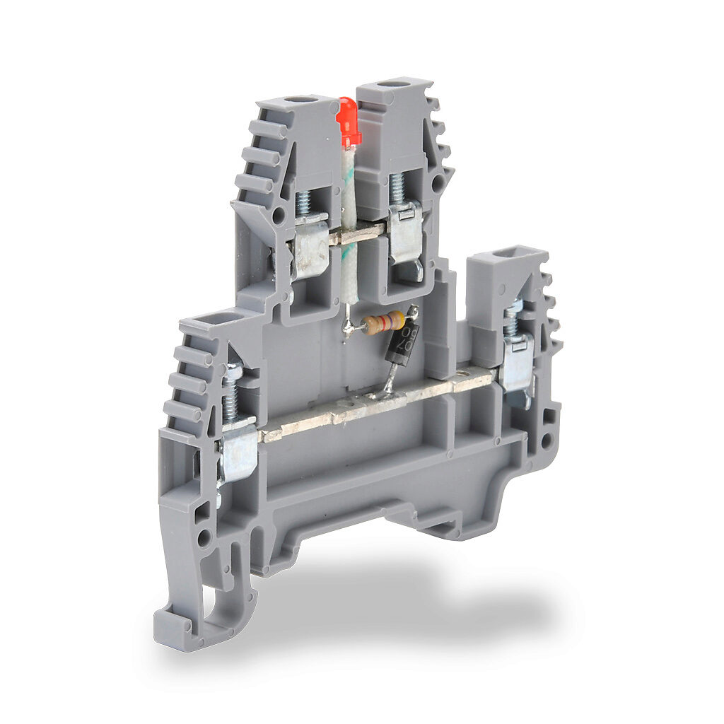 KN-D12LED-24AC - Konnect-It screw double-level feedthrough terminal block, connected between levels and power indicator, accepts wire size 26-12 AWG, gray, 20A, 24 VAC LED indicator(s), 35mm DIN rail mount, 100kA SCCR. Package of 20.
