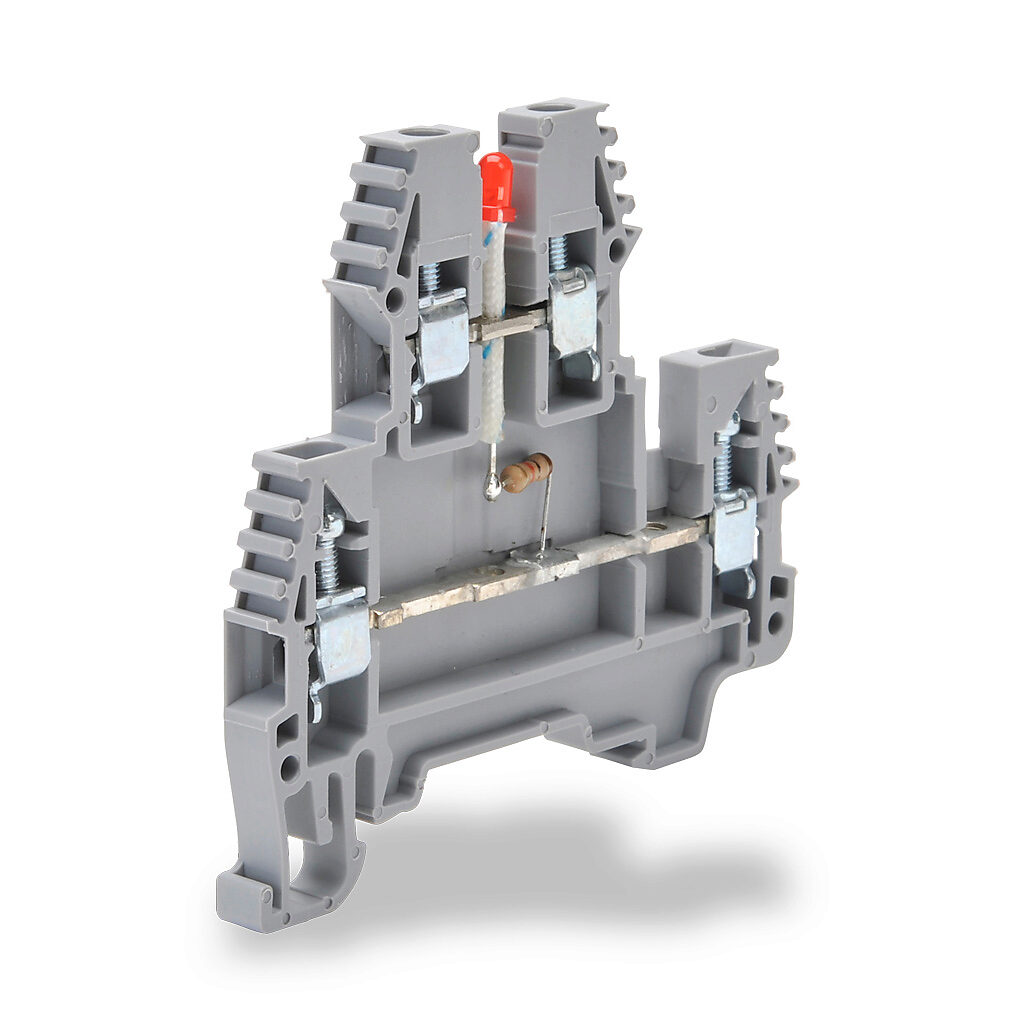 KN-D12LED-24DC - Konnect-It screw double-level feedthrough terminal block, connected between levels and power indicator, accepts wire size 26-12 AWG, gray, 20A, 24 VDC LED indicator(s), 35mm DIN rail mount, 100kA SCCR. Package of 20.