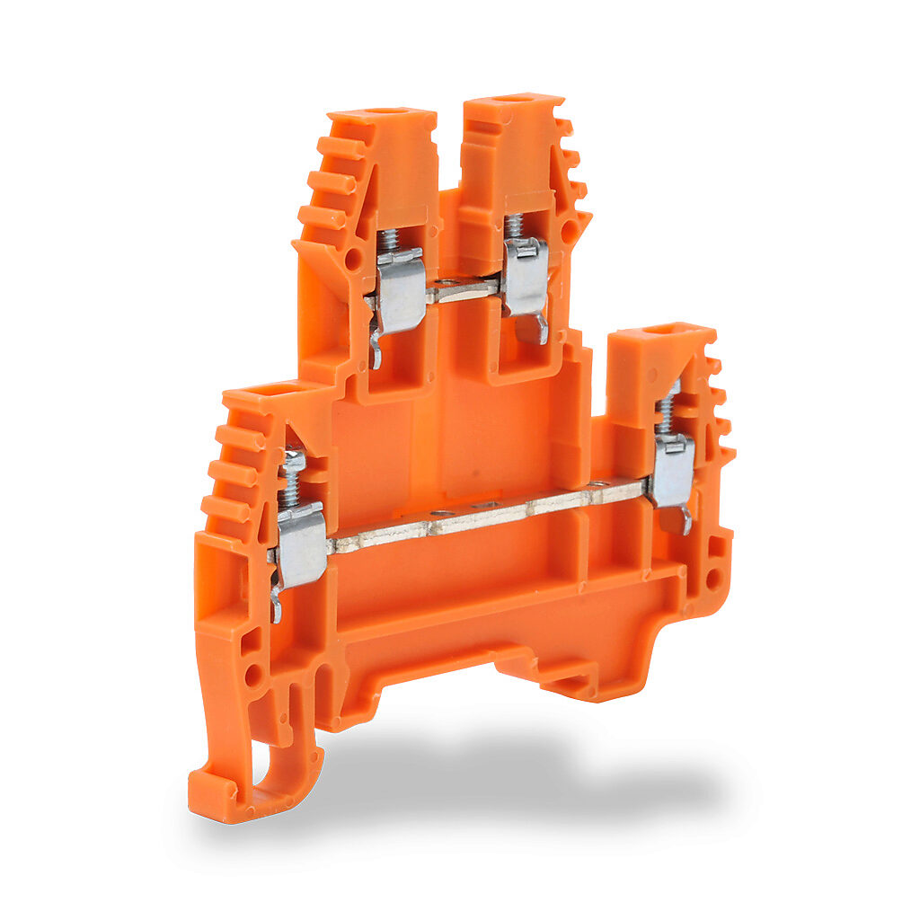 KN-D12ORG - Konnect-It screw double-level feedthrough terminal block, accepts wire size 26-12 AWG, orange, 20A, 35mm DIN rail mount, 100kA SCCR. Package of 100. For use with jumpers KN-2J12, KN-3J12, KN-4J12 and KN-10J12.