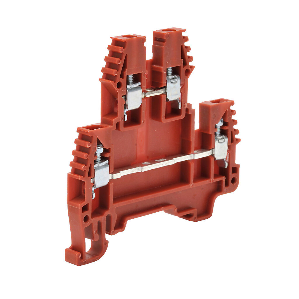 KN-D12RED-25 - Konnect-It screw double-level feedthrough terminal block, accepts wire size 26-12 AWG, red, 20A, 35mm DIN rail mount, 100kA SCCR. Package of 25. For use with jumpers KN-2J12, KN-3J12, KN-4J12 and KN-10J12.