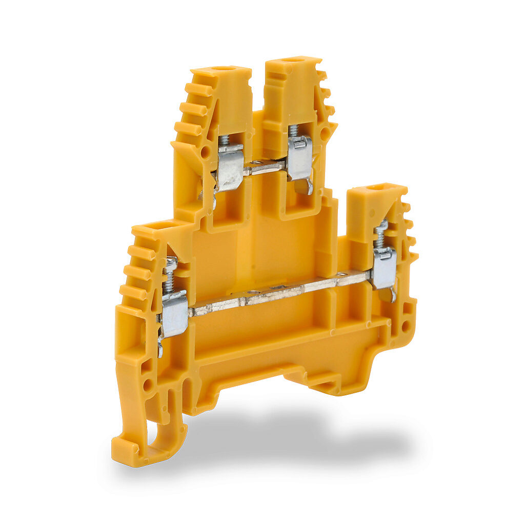 KN-D12YEL - Konnect-It screw double-level feedthrough terminal block, accepts wire size 26-12 AWG, yellow, 20A, 35mm DIN rail mount, 100kA SCCR. Package of 100. For use with jumpers KN-2J12, KN-3J12, KN-4J12 and KN-10J12.