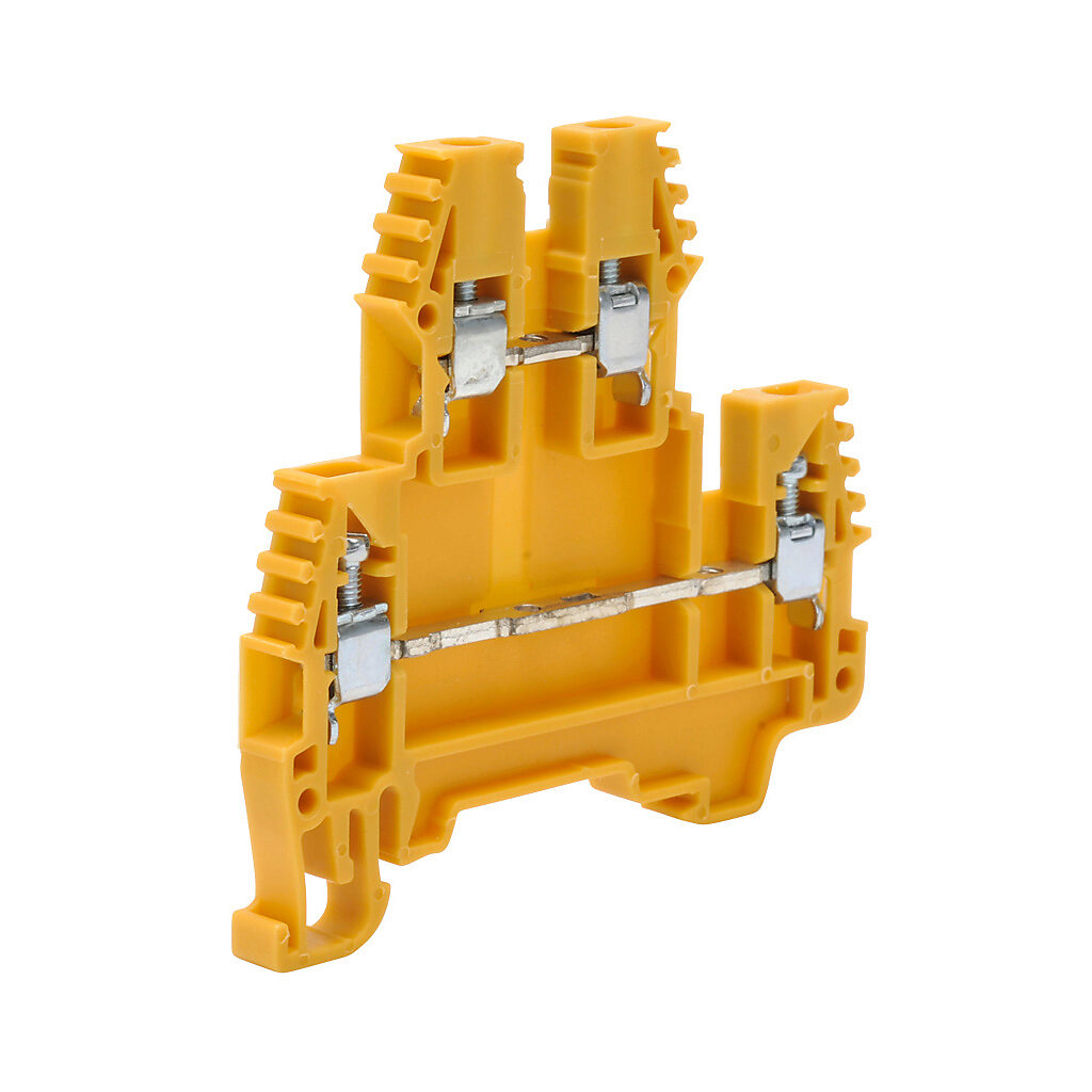 KN-D12YEL-25 - Konnect-It screw double-level feedthrough terminal block, accepts wire size 26-12 AWG, yellow, 20A, 35mm DIN rail mount, 100kA SCCR. Package of 25. For use with jumpers KN-2J12, KN-3J12, KN-4J12 and KN-10J12.
