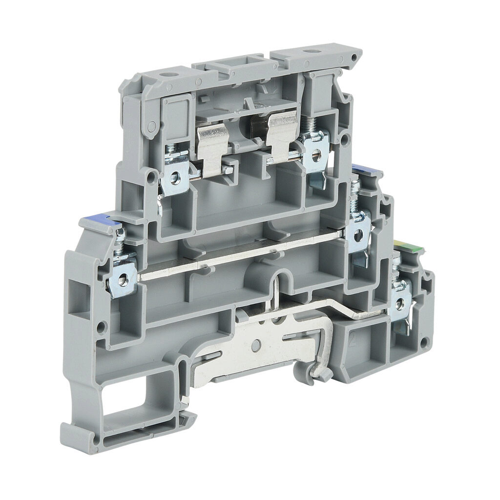 KN-F10-NG - Konnect-It screw multi-function terminal block, triple-level, fuse holder, 1 feedthrough and 1 ground, no indicator, accepts wire size 24-10 AWG, gray, fused 6.3A, non-fused 30A, 300 VAC/VDC, 35mm DIN rail mount. Package of 25.
