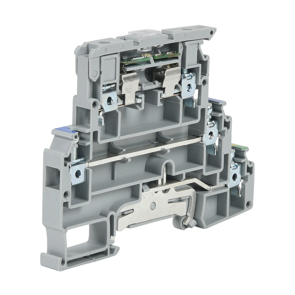 KN-F10L110-NG - Konnect-It screw multi-function terminal block, triple-level, fuse holder, 1 feedthrough and 1 ground, accepts wire size 24-10 AWG, gray, fused 6.3A, non-fused 30A, fused 110 VAC/VDC, non-fused 300 VAC/VDC, LED indicator(s), 35mm D...