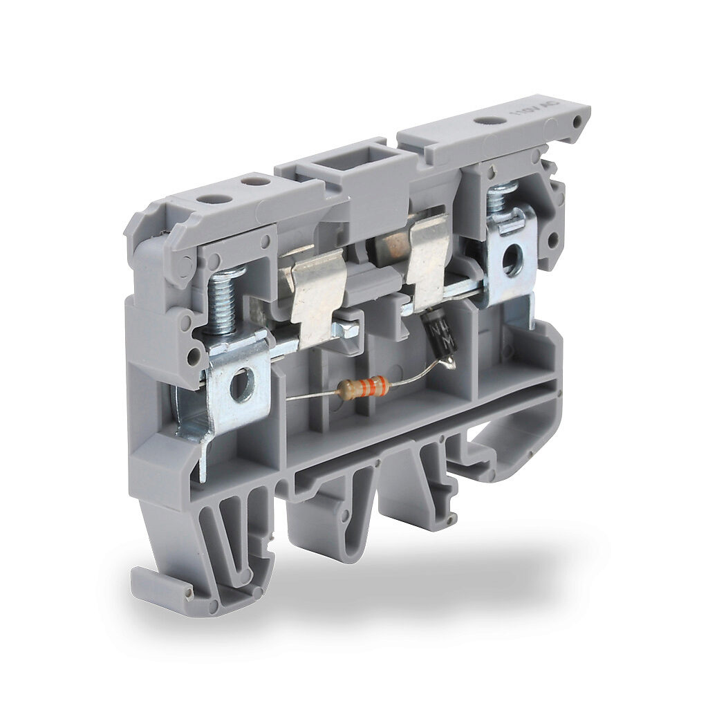 KN-F10L110AC - Konnect-It screw circuit protection terminal block, blown fuse indicator, accepts wire size 26-8 AWG, gray, 6.3A, 110 VAC LED indicator(s), 35mm DIN rail mount, 10kA SCCR. Package of 25. For use with GMA, GMC, S500 and S506 series f...