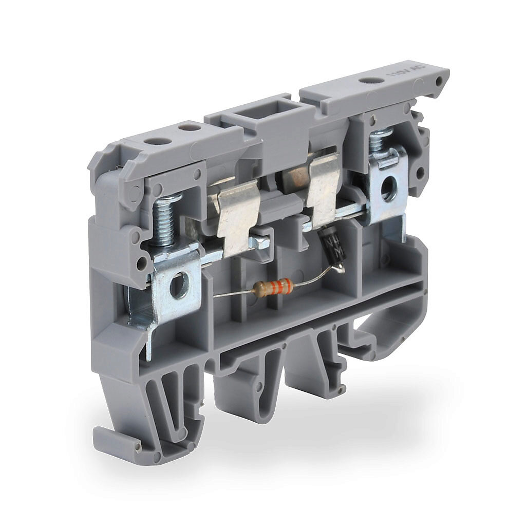 KN-F10L110AC-10 - Konnect-It screw circuit protection terminal block, blown fuse indicator, accepts wire size 26-8 AWG, gray, 6.3A, 110 VAC LED indicator(s), 35mm DIN rail mount, 10kA SCCR. Package of 10. For use with GMA, GMC, S500 and S506 serie...