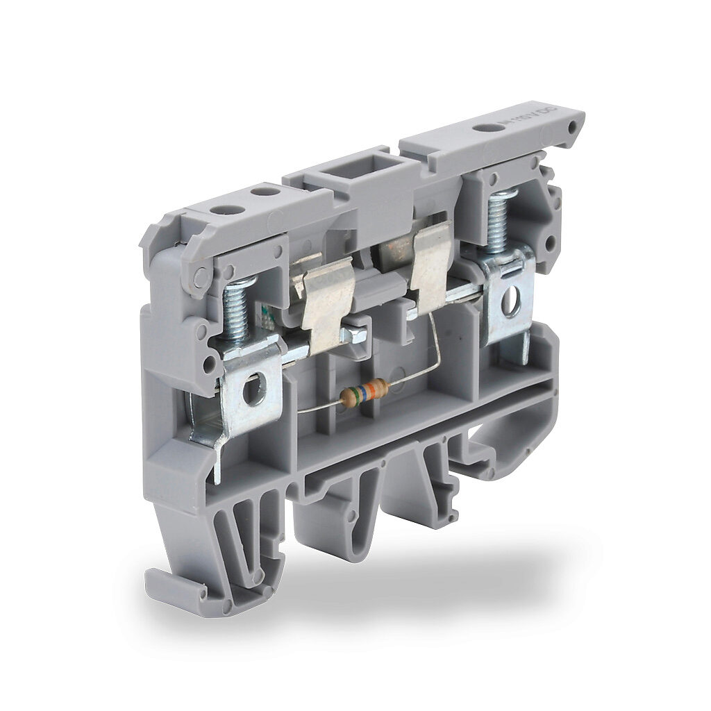 KN-F10L110DC - Konnect-It screw circuit protection terminal block, blown fuse indicator, accepts wire size 26-8 AWG, gray, 6.3A, 110 VDC LED indicator(s), 35mm DIN rail mount, 10kA SCCR. Package of 25. For use with GMA, GMC, S500 and S506 series f...