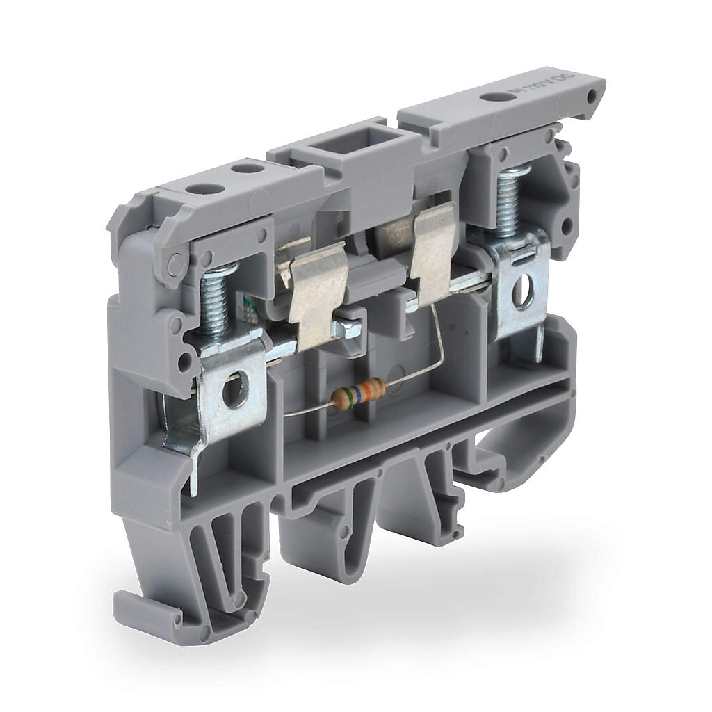 KN-F10L110DC-10 - Konnect-It screw circuit protection terminal block, blown fuse indicator, accepts wire size 26-8 AWG, gray, 6.3A, 110 VDC LED indicator(s), 35mm DIN rail mount, 10kA SCCR. Package of 10. For use with GMA, GMC, S500 and S506 serie...