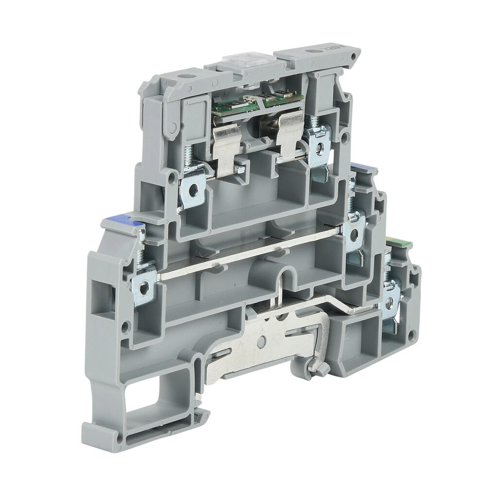 KN-F10L220-NG - Konnect-It screw multi-function terminal block, triple-level, fuse holder, 1 feedthrough and 1 ground, accepts wire size 24-10 AWG, gray, fused 6.3A, non-fused 30A, fused 220 VAC/VDC, non-fused 300 VAC/VDC, LED indicator(s), 35mm D...