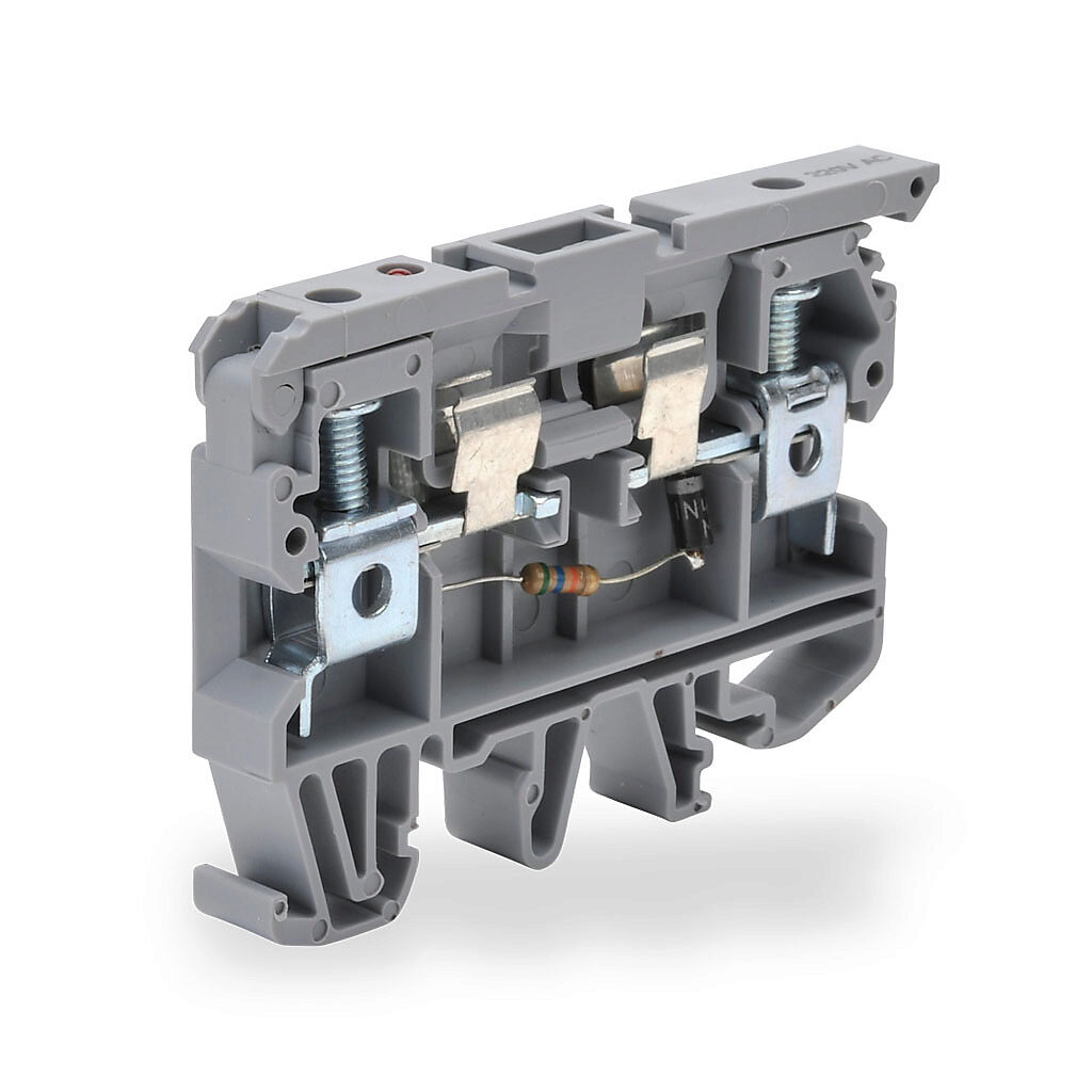 KN-F10L220AC-10 - Konnect-It screw circuit protection terminal block, blown fuse indicator, accepts wire size 26-8 AWG, gray, 6.3A, 220 VAC LED indicator(s), 35mm DIN rail mount, 10kA SCCR. Package of 10. For use with GMA, GMC, S500 and S506 serie...