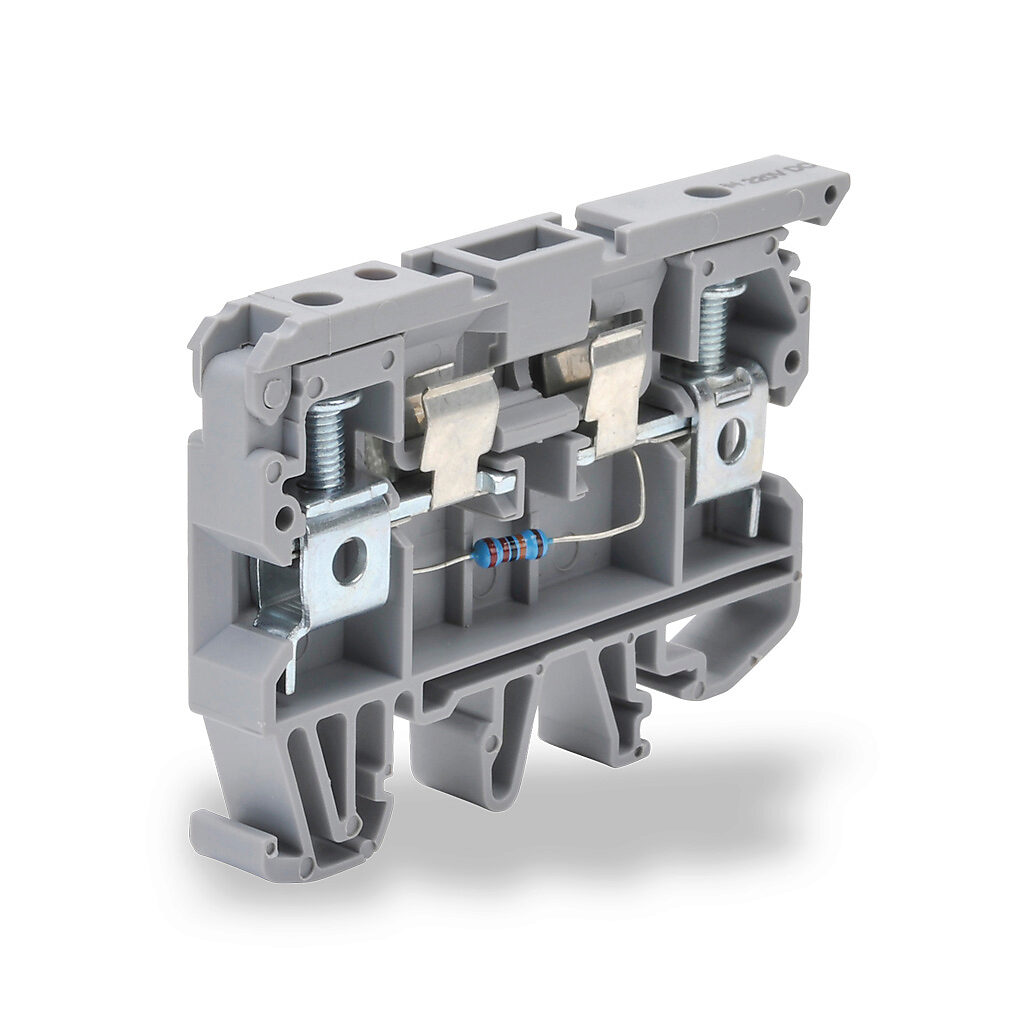 KN-F10L220DC - Konnect-It screw circuit protection terminal block, blown fuse indicator, accepts wire size 26-8 AWG, gray, 6.3A, 220 VDC LED indicator(s), 35mm DIN rail mount, 10kA SCCR. Package of 25. For use with GMA, GMC, S500 and S506 series f...