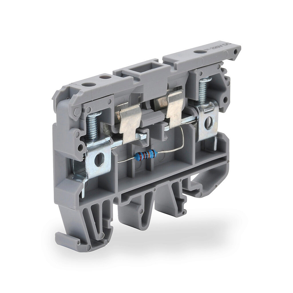 KN-F10L220DC-10 - Konnect-It screw circuit protection terminal block, blown fuse indicator, accepts wire size 26-8 AWG, gray, 6.3A, 220 VDC LED indicator(s), 35mm DIN rail mount, 10kA SCCR. Package of 10. For use with GMA, GMC, S500 and S506 serie...
