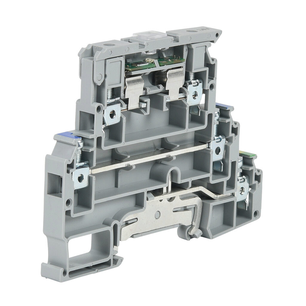 KN-F10L24-NG - Konnect-It screw multi-function terminal block, triple-level, fuse holder, 1 feedthrough and 1 ground, accepts wire size 24-10 AWG, gray, fused 6.3A, non-fused 30A, fused 24 VAC/VDC, non-fused 300 VAC/VDC, LED indicator(s), 35mm DIN...